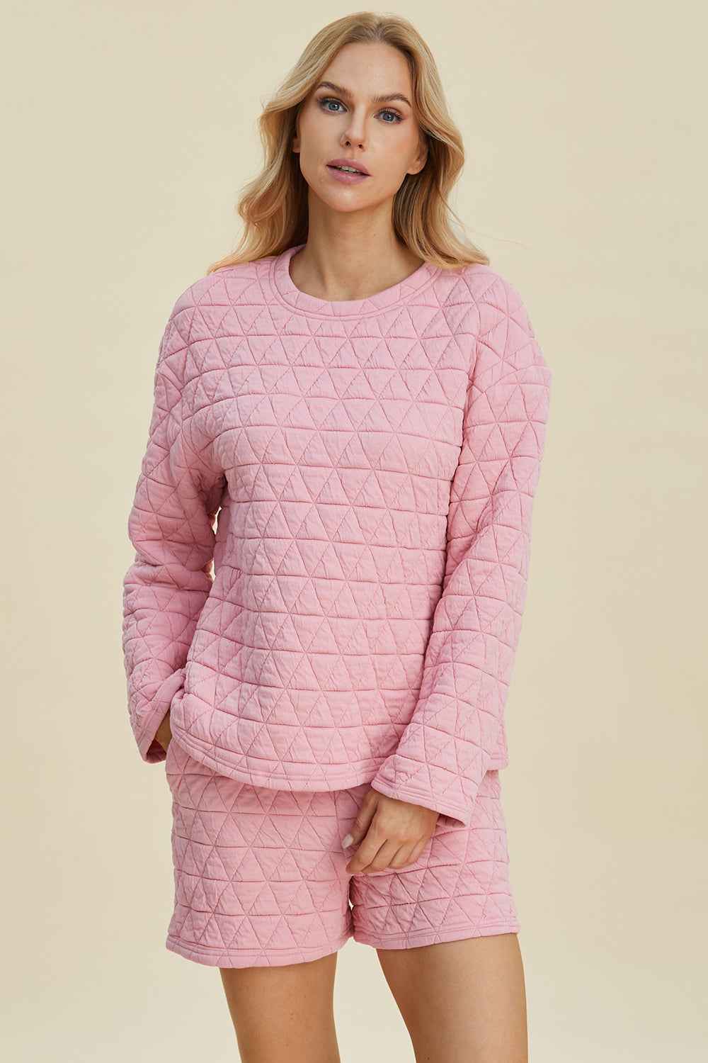 Double Take Full Size Texture Round Neck Long Sleeve Top and Shorts Set
