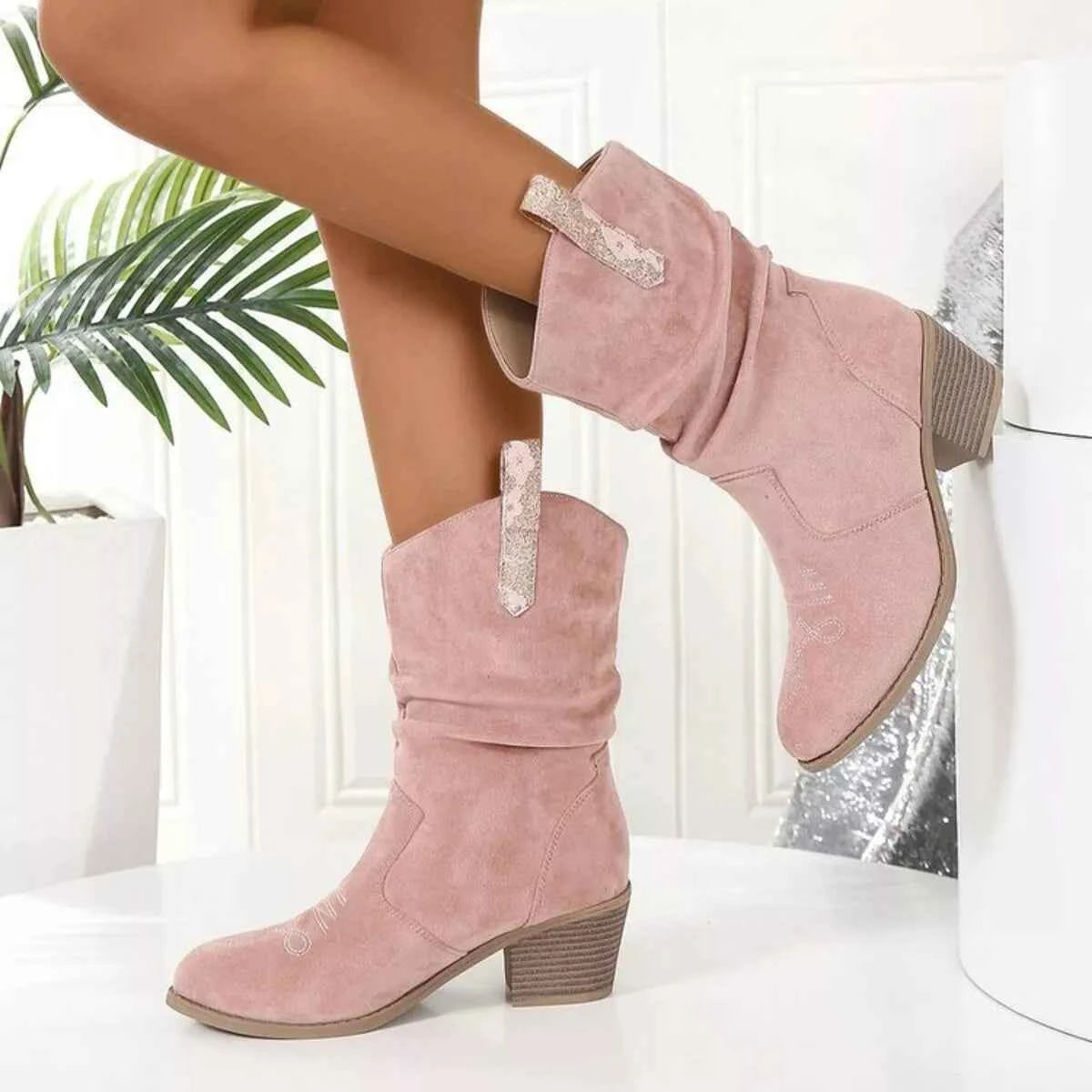 Slouchy Mid-Calf Boots - Low Block Heel and Pull Tabs