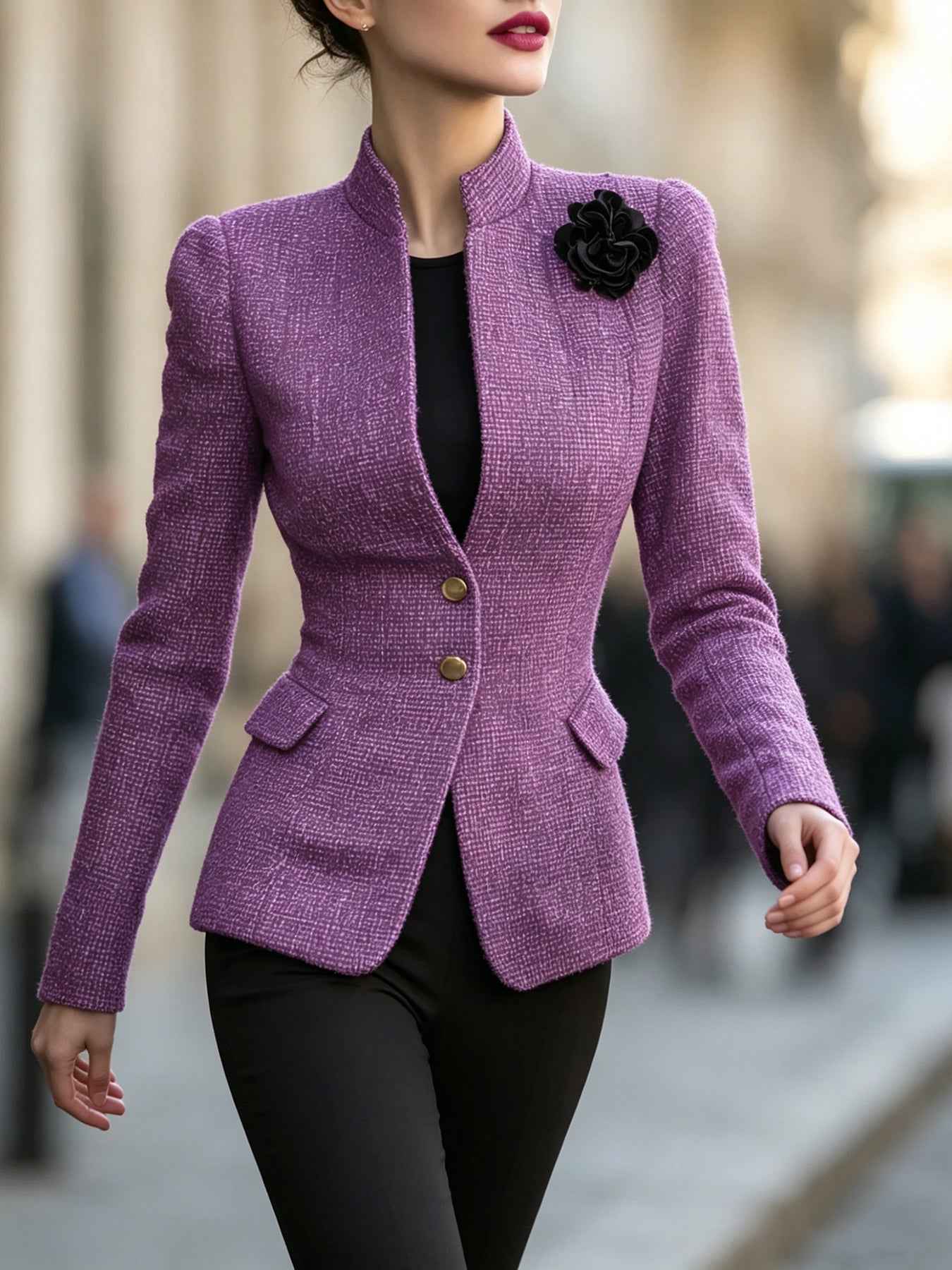 Purple Stand Collar Slim-fit Jacket - Elegant Long-sleeve