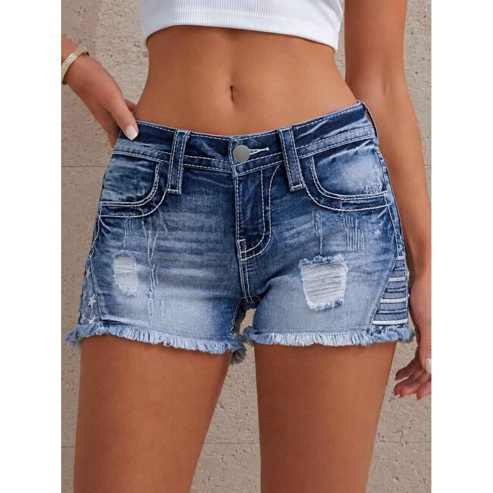 Blue Ripped Denim Shorts - Star Patch Frayed Hem Detail