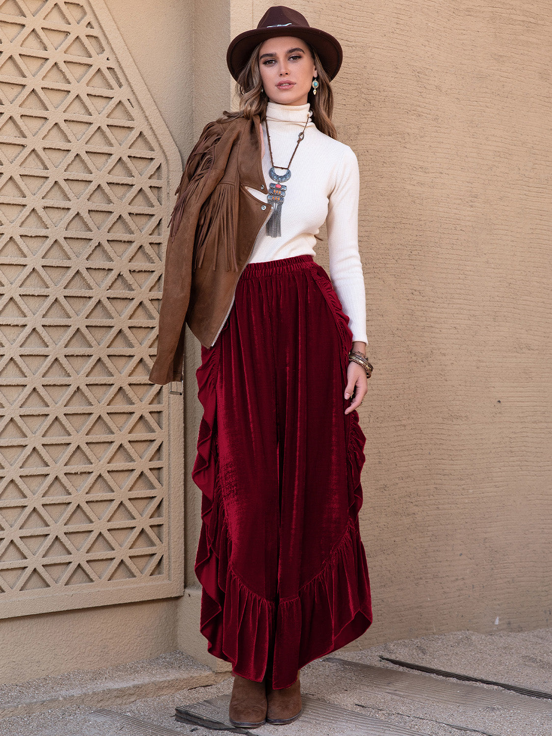 Ruffled Wide Leg Pants - Slit Detail Flowy Style