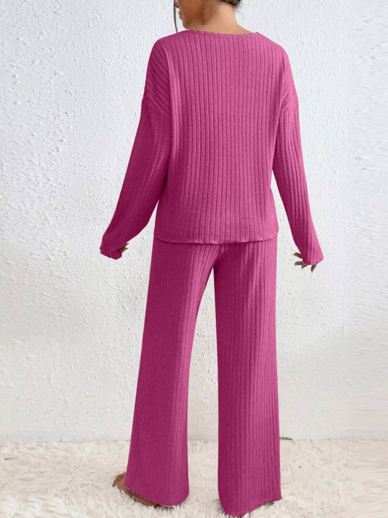 Ribbed Loungewear Set - V-Neck Top Wide-Leg Pants - Fashions Envy