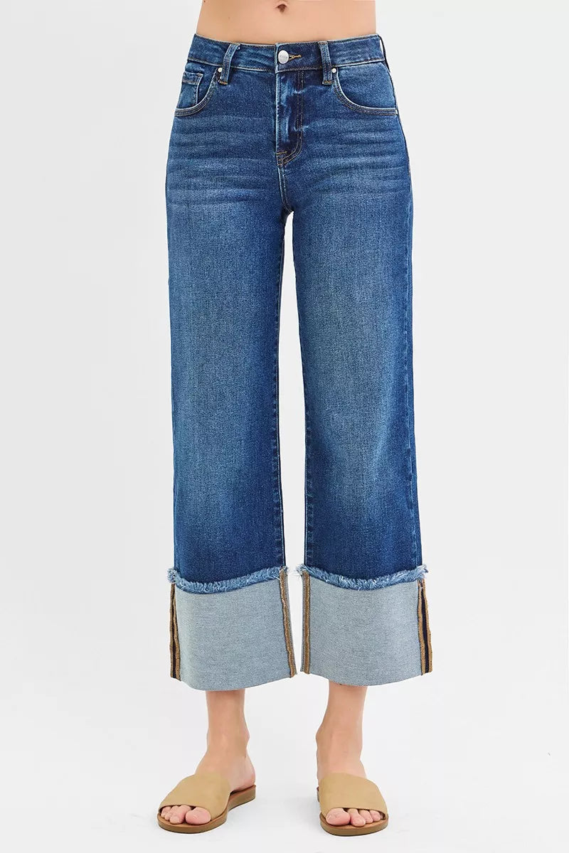 RISEN Full Size Mid Rise Crop Wide Wide Cuffed Jeans Plus Size - Fashions Envy