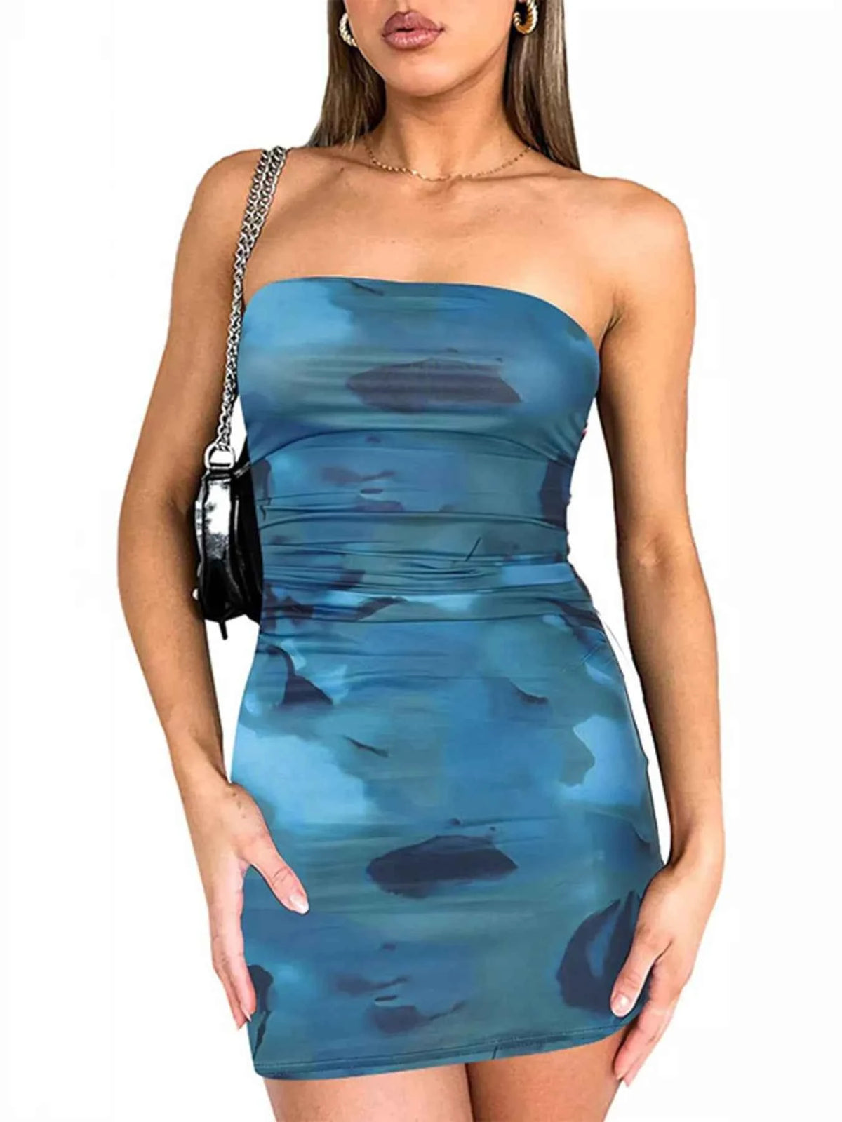 Tie-Dye Strapless Bodycon Mini Dress - Ruched Waist Band