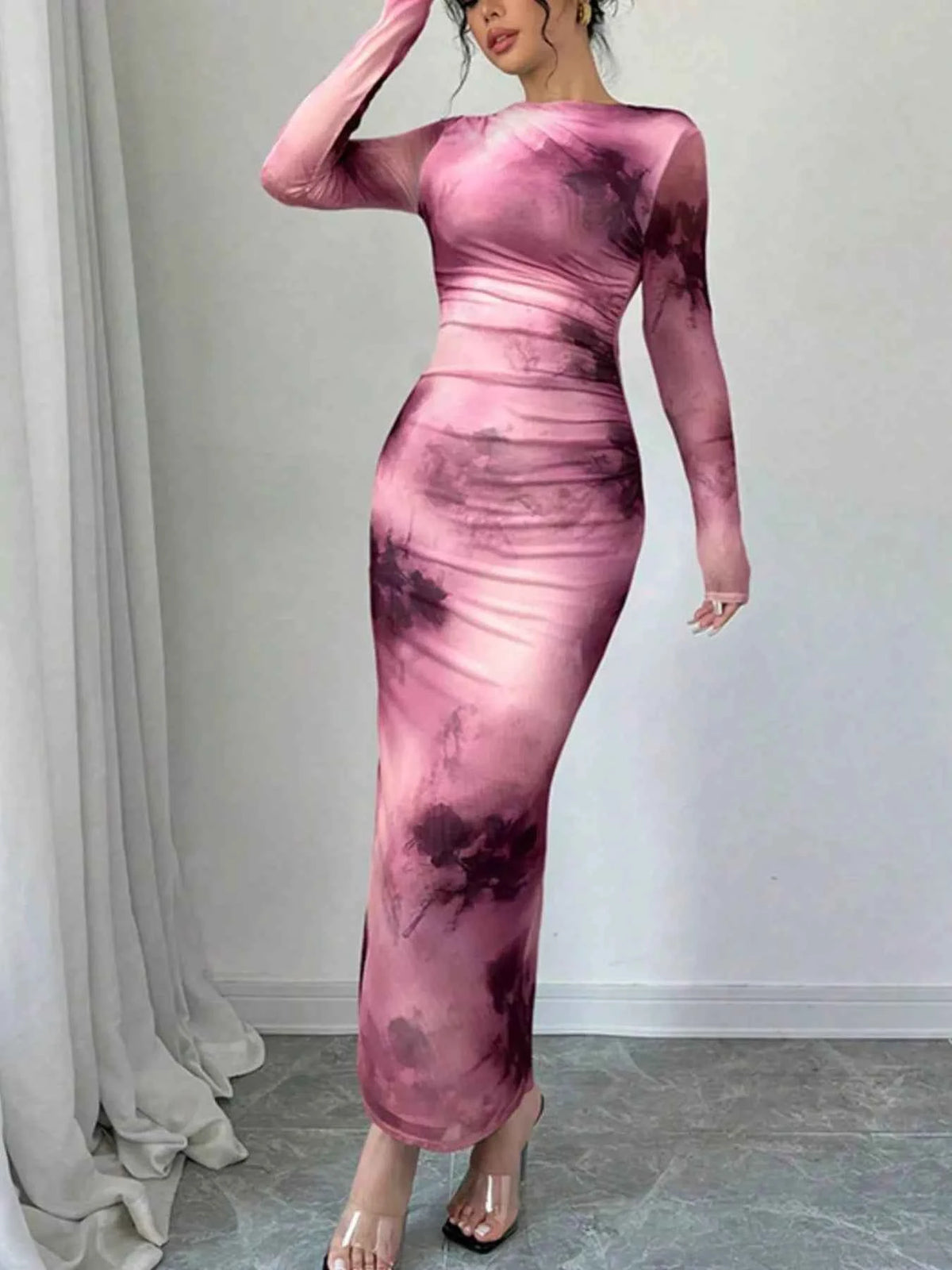 Tie-Dye Print Bodycon Maxi Dress - Ruched Sheer Mesh Long Sleeve