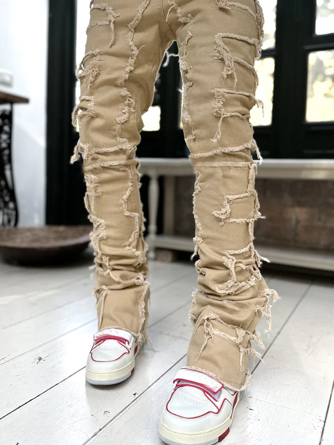 Men's Individual Patched Pants Long Tight Fit Stacked Jeans