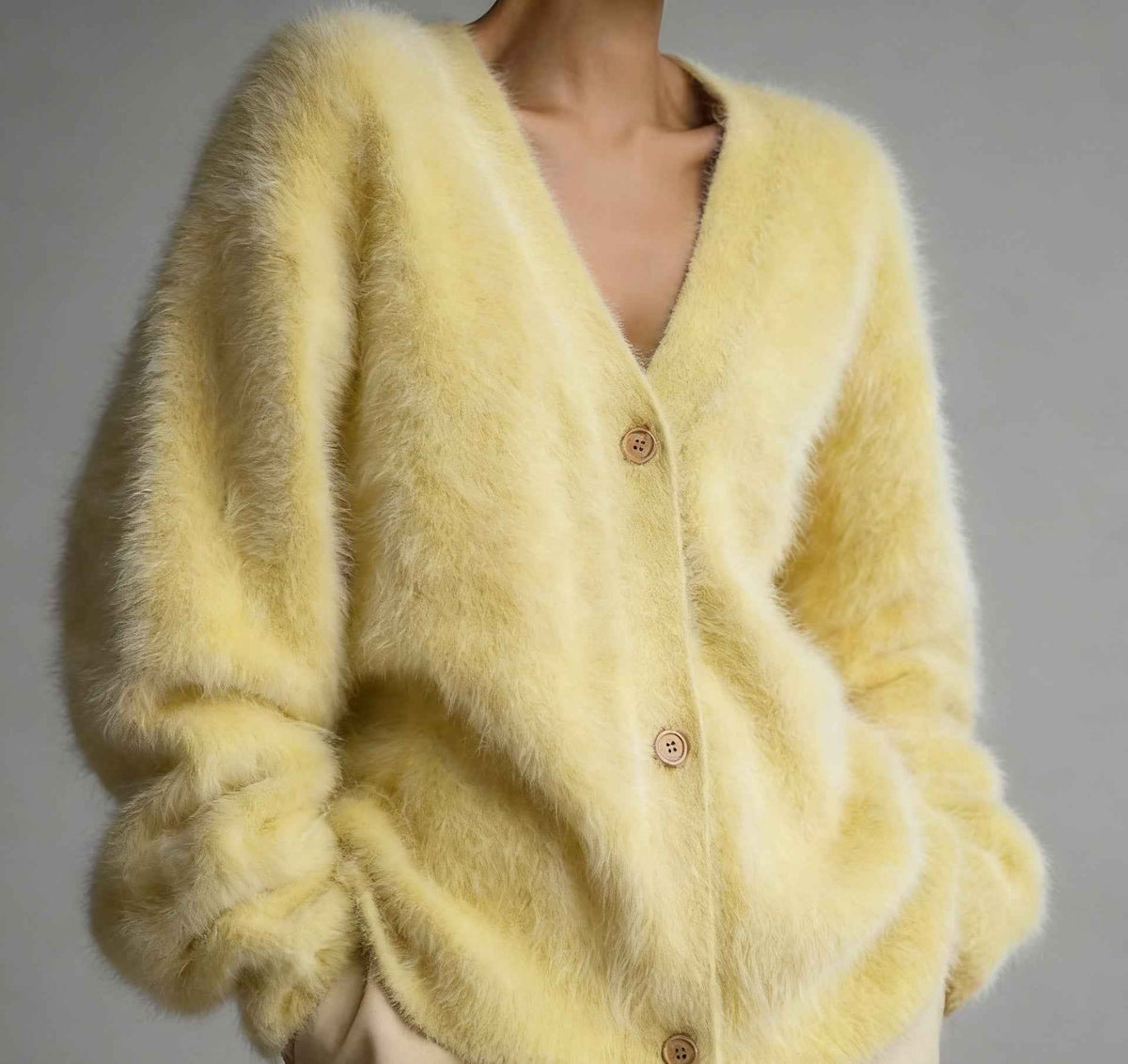 Fuzzy V-Neck Cardigan - Button Front and Relaxed Fit