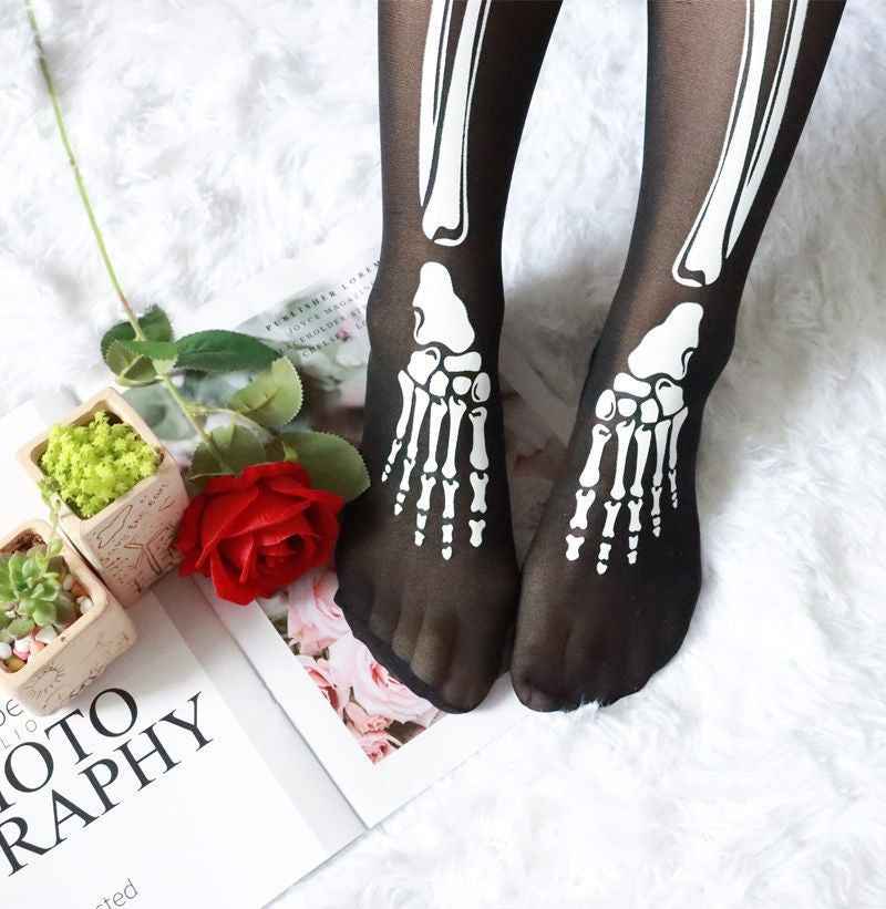 Black Skeleton Pantyhose - Full Leg Bone Print