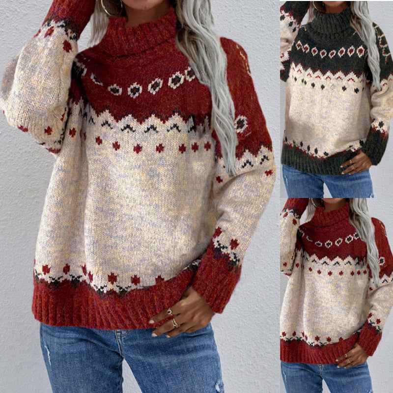 Christmas Geometric Knit Sweater - High Neck and Ribbed Hem