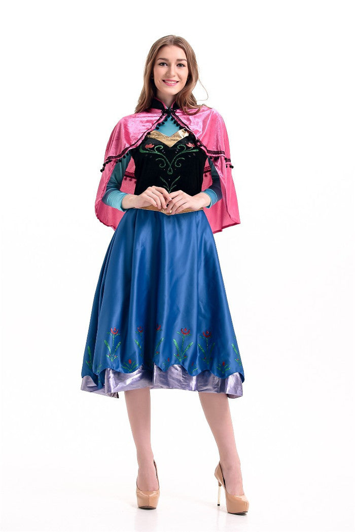 Pink cape and blue princess costume dress with black embroidered bodice and floral hem
