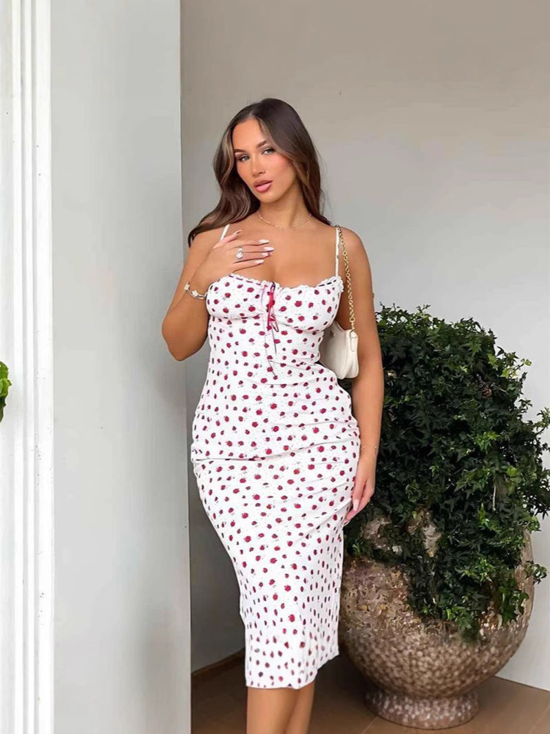 Style Women's Sweetheart One-Shoulder Lace Hem Floral Print Strapless Dress