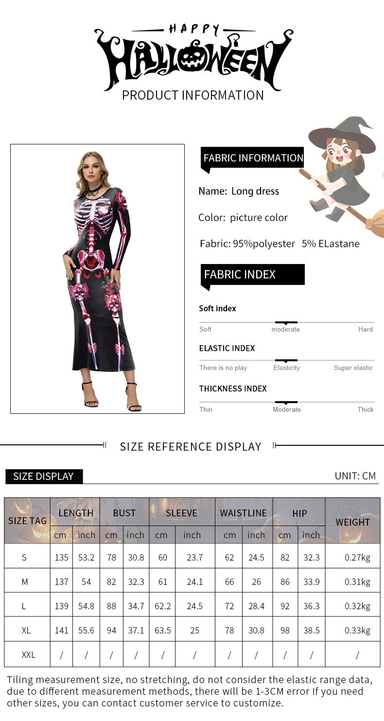 Halloween Skeleton Maxi Dress - Pink Bows & Long Sleeves