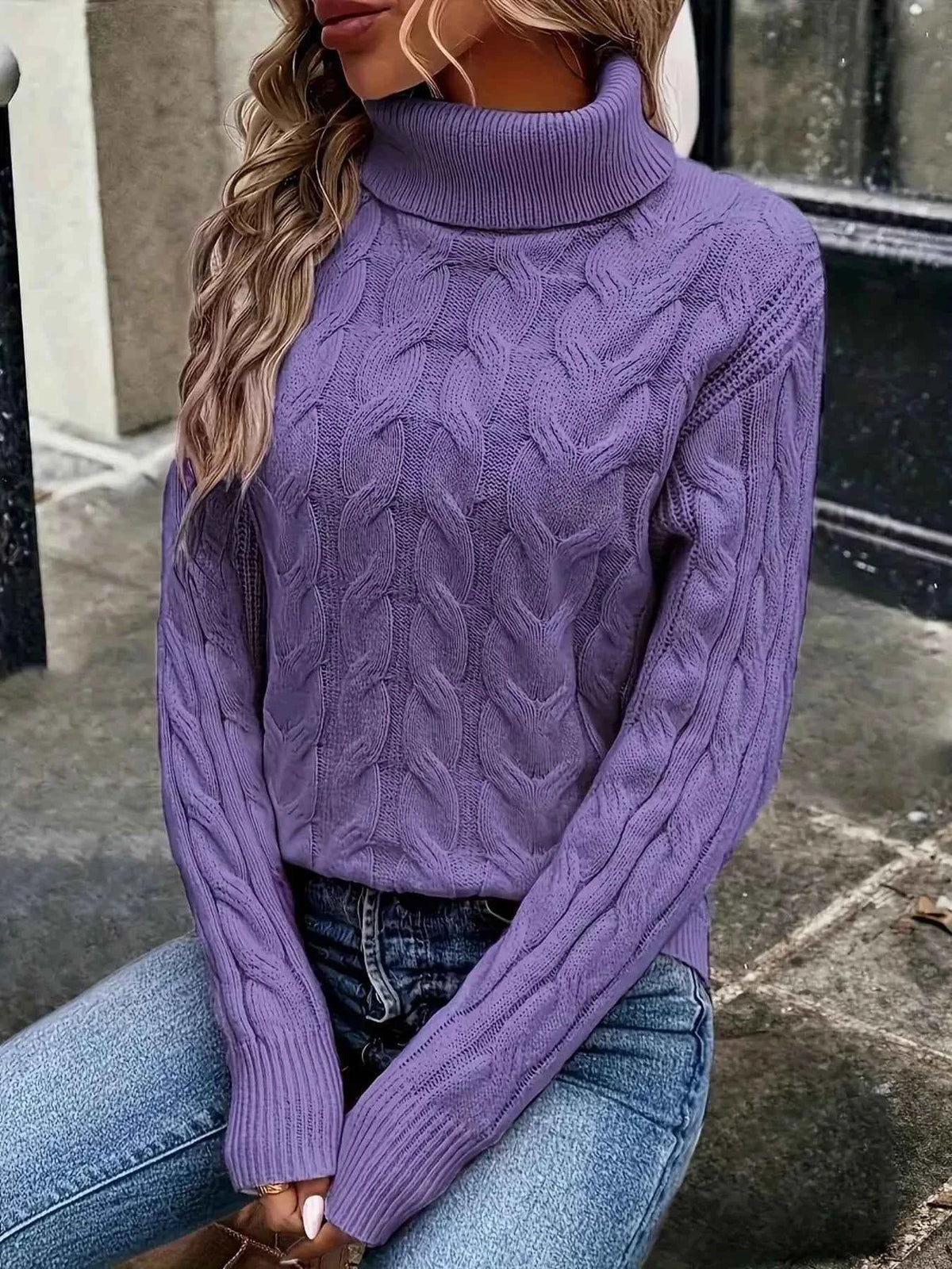 Cable Knit Turtleneck Sweater - Ribbed Cuffs Textured Fit