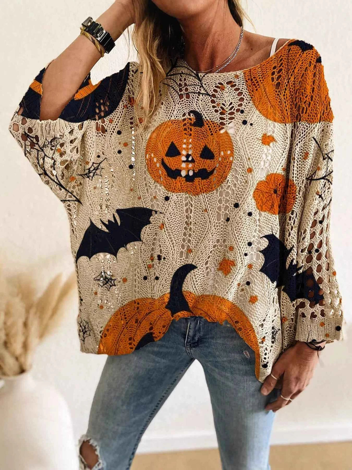 Halloween Pumpkin Knit Cover Up - Oversized Openwork Bat Print Top