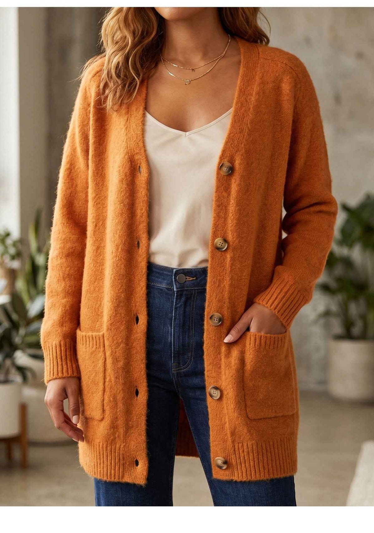 Orange Oversized Knit Button-Up Cardigan - Cozy Fall Layer
