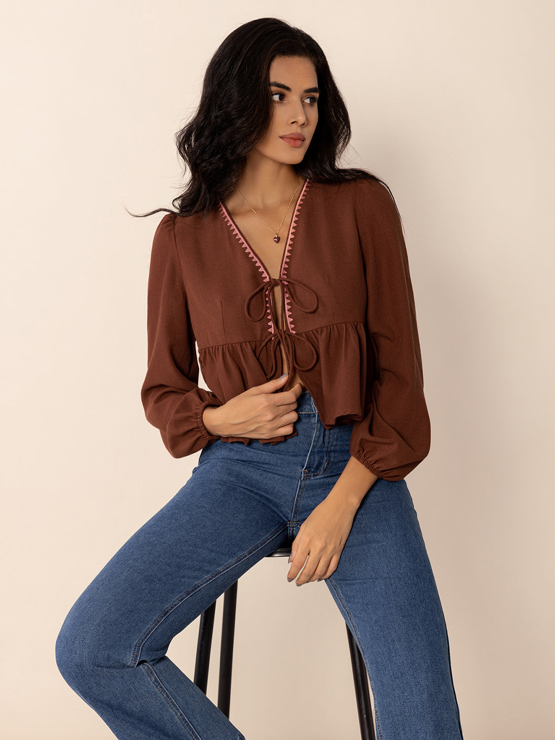 Brown Peplum Tied V-Neck Long Sleeve Blouse