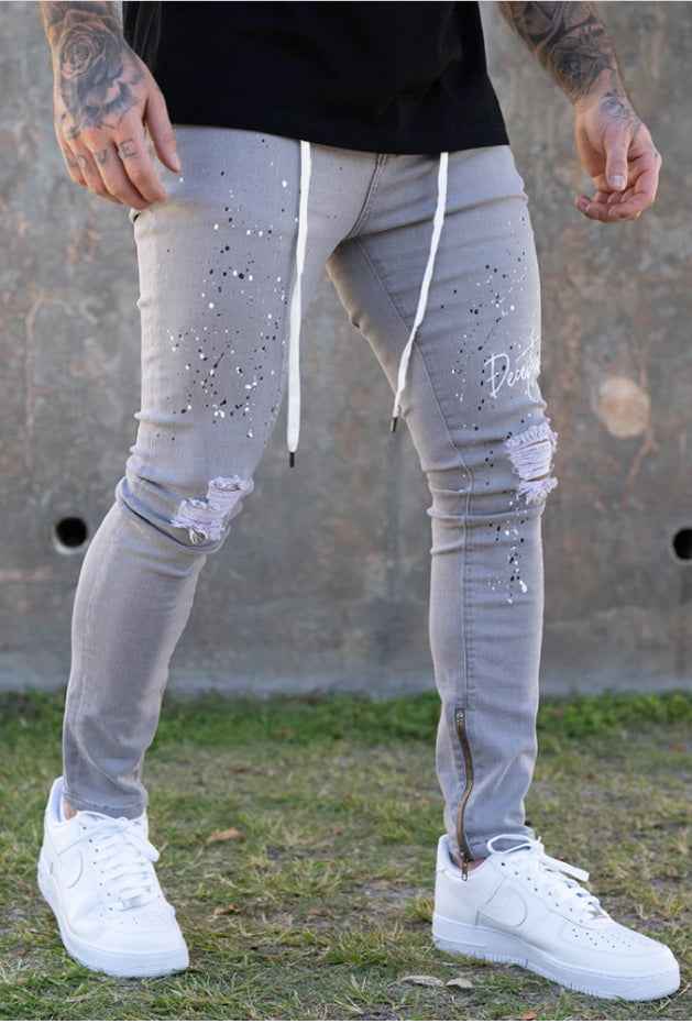 Paint Splatter Ripped Skinny Jeans Men - Script Ankle Zip