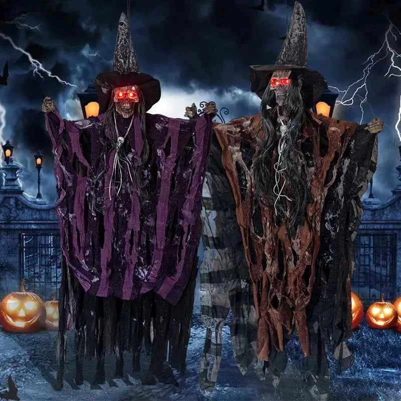 Halloween Hanging Witch Ghost Decoration - Skeleton Face Glowing Eyes