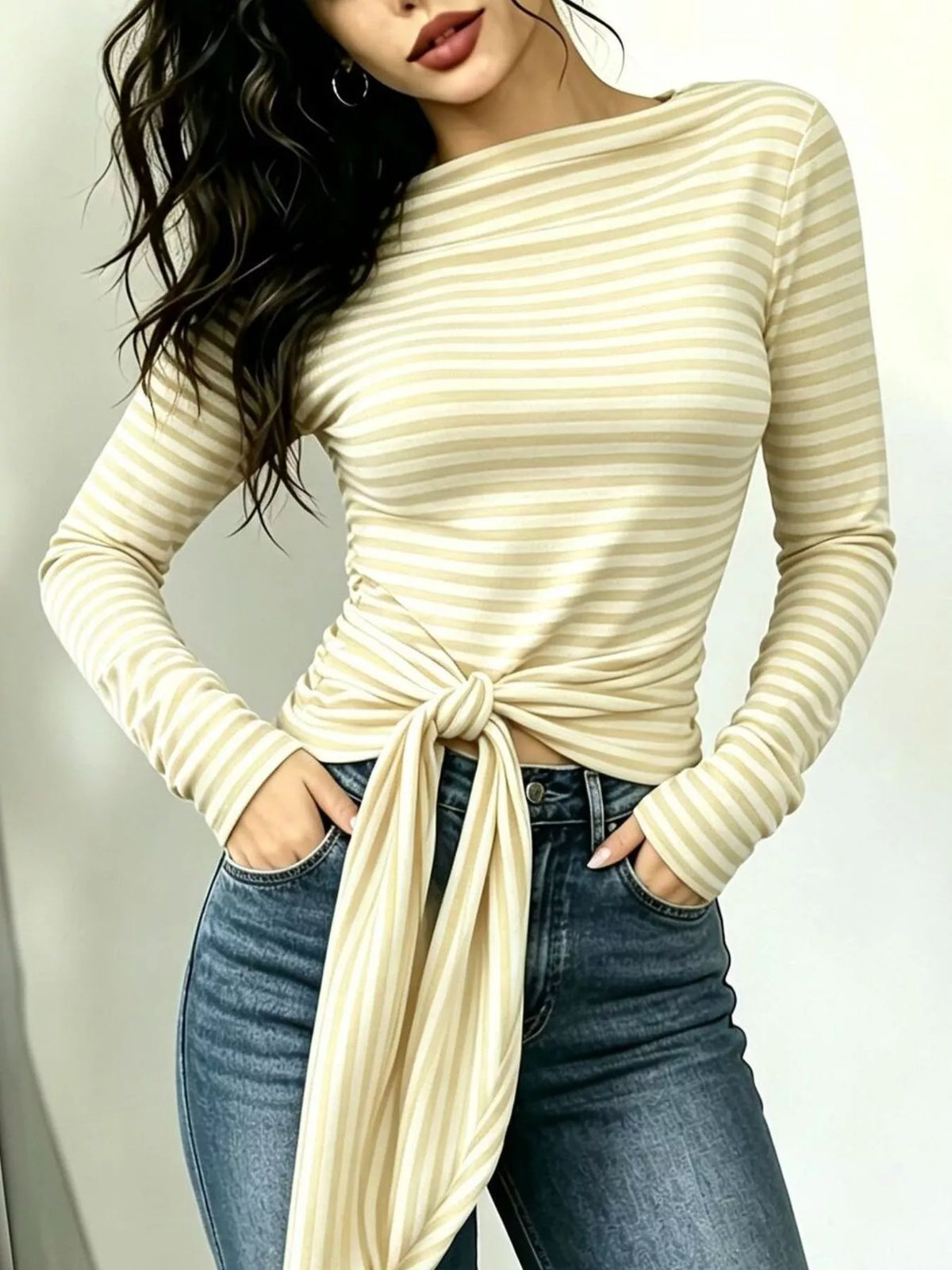 Striped Long Sleeve Tie Front T Shirt - Boat Neck Fit