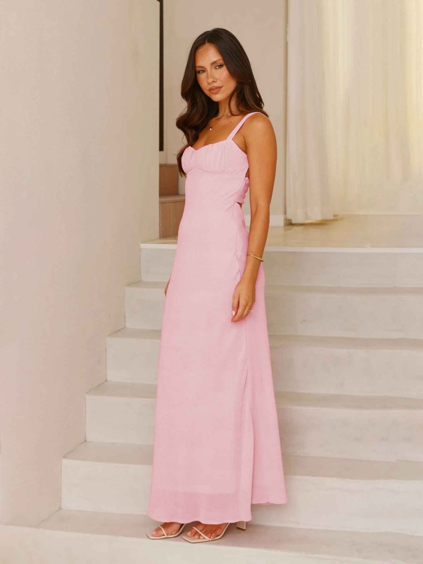 Mesh Pleated Strapless Maxi Dress - High Waist Prom Gown