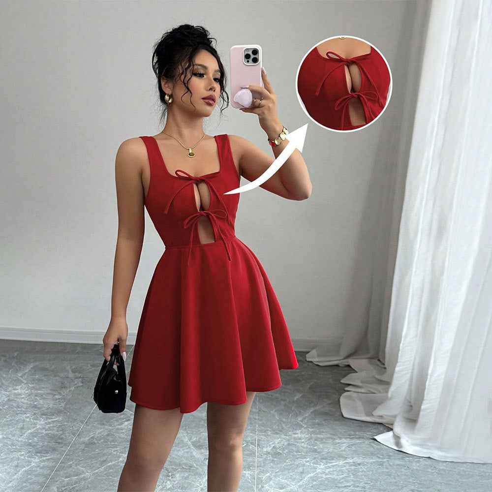 Red Bow Cutout Skater Mini Dress - Square Neck Tie Front