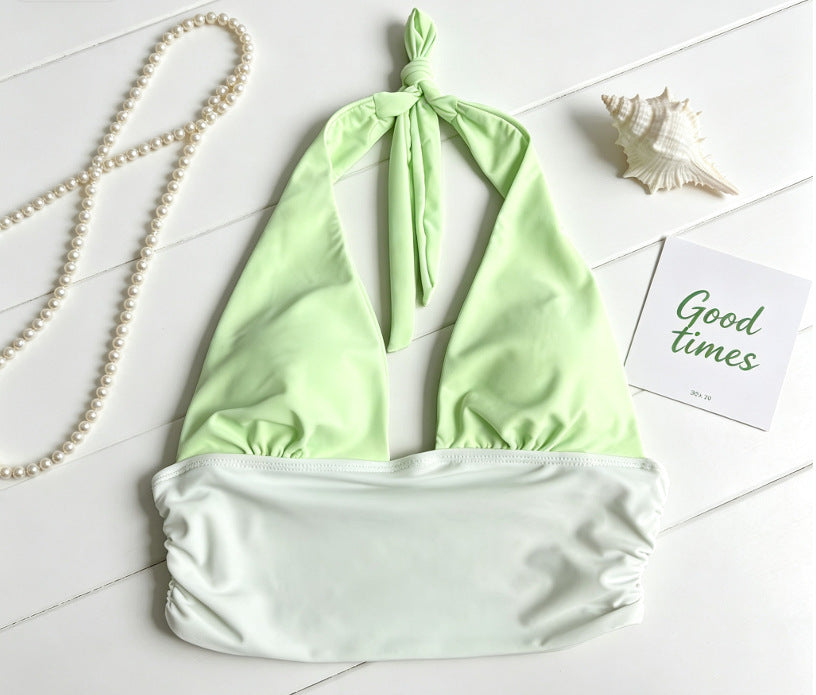 Color Block Halter Bikini Set - 3-Piece Ruched Wrap Skirt Cover