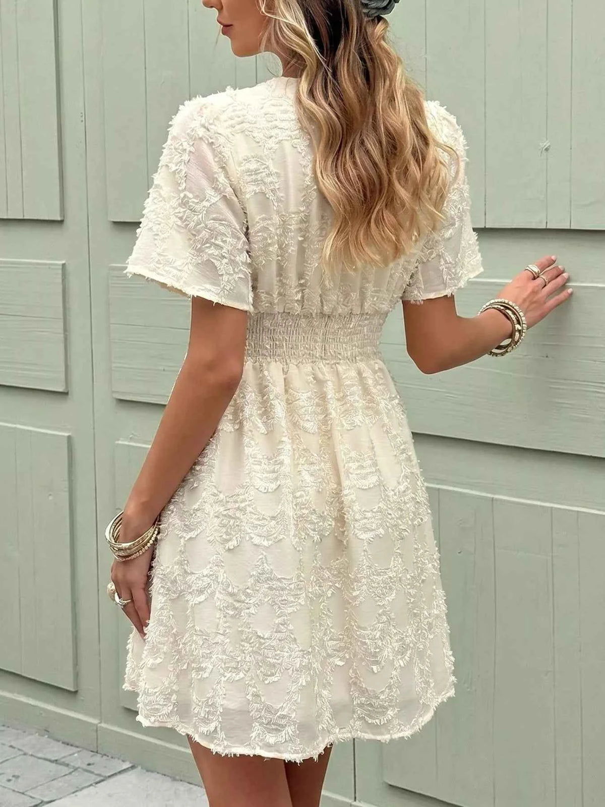 Apricot Tufted Floral Mini Dress - Smocked Waist A-Line