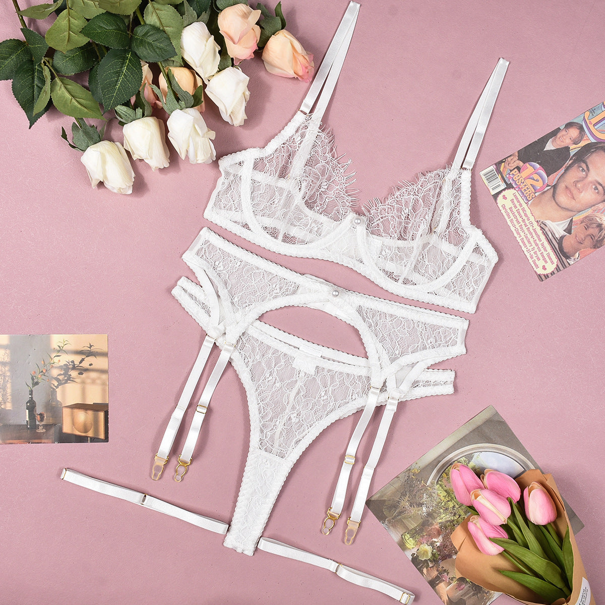 Lace Pearl Garter Set - 4PC See-Through Lingerie