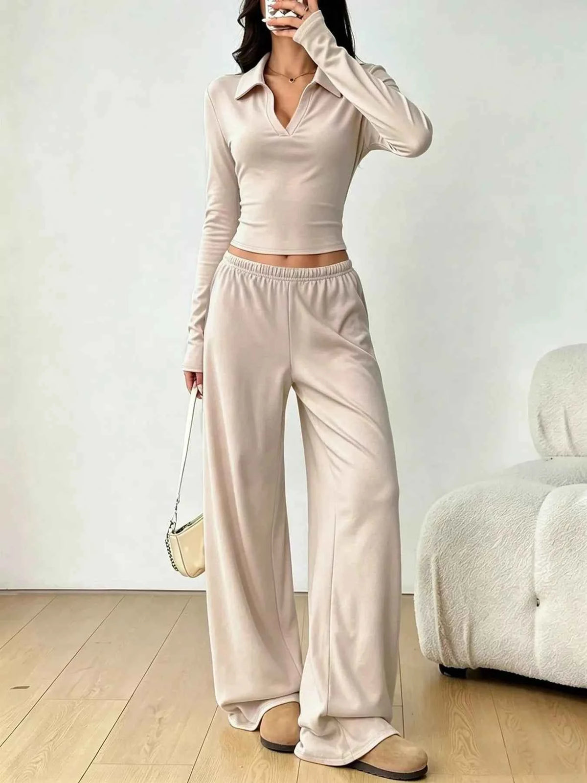 Long Sleeve Polo Wide Leg Set - Cropped Top Relaxed Pants