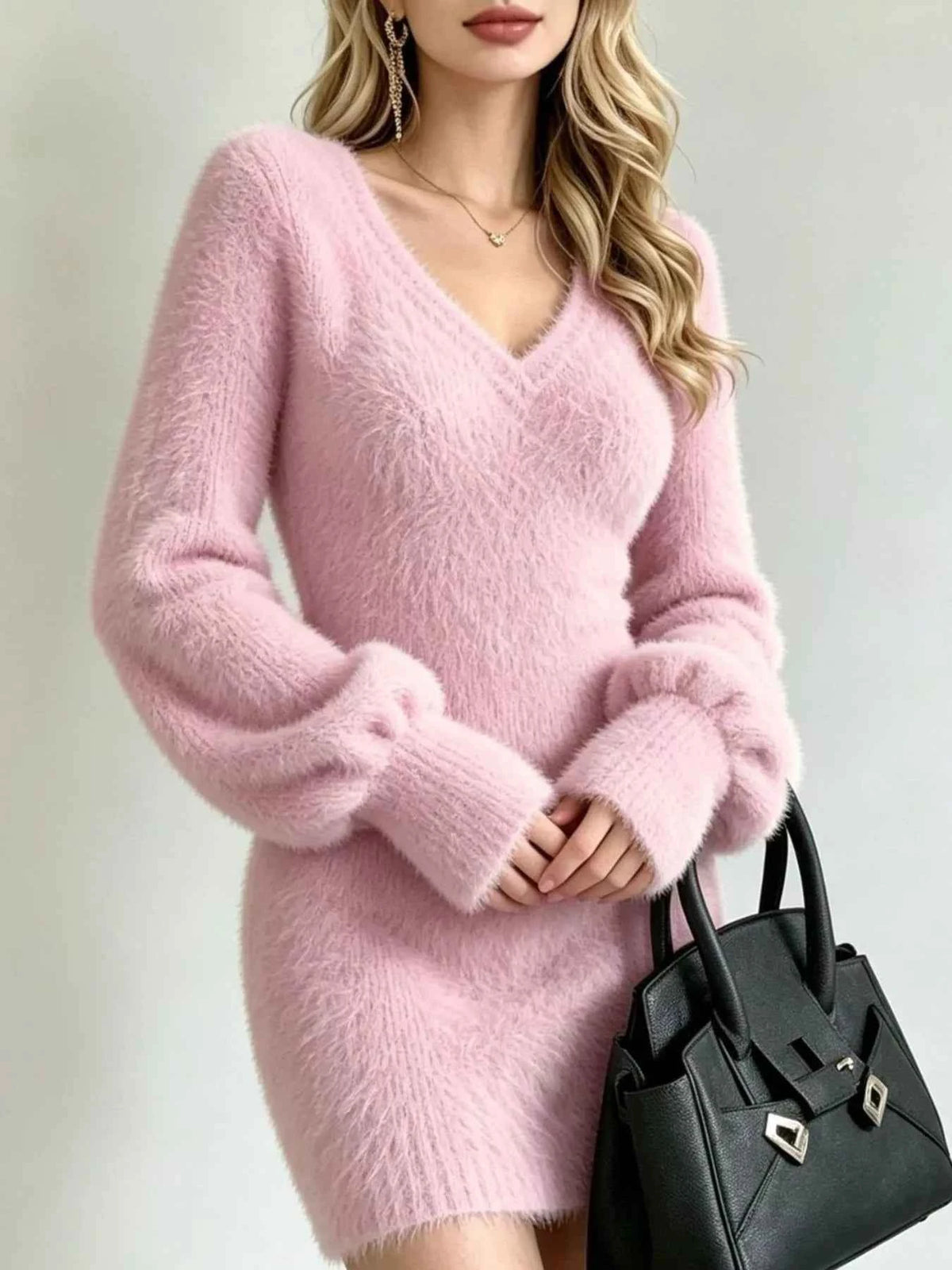 Fuzzy Sweater Mini Dress - V-Neck & Balloon Sleeves