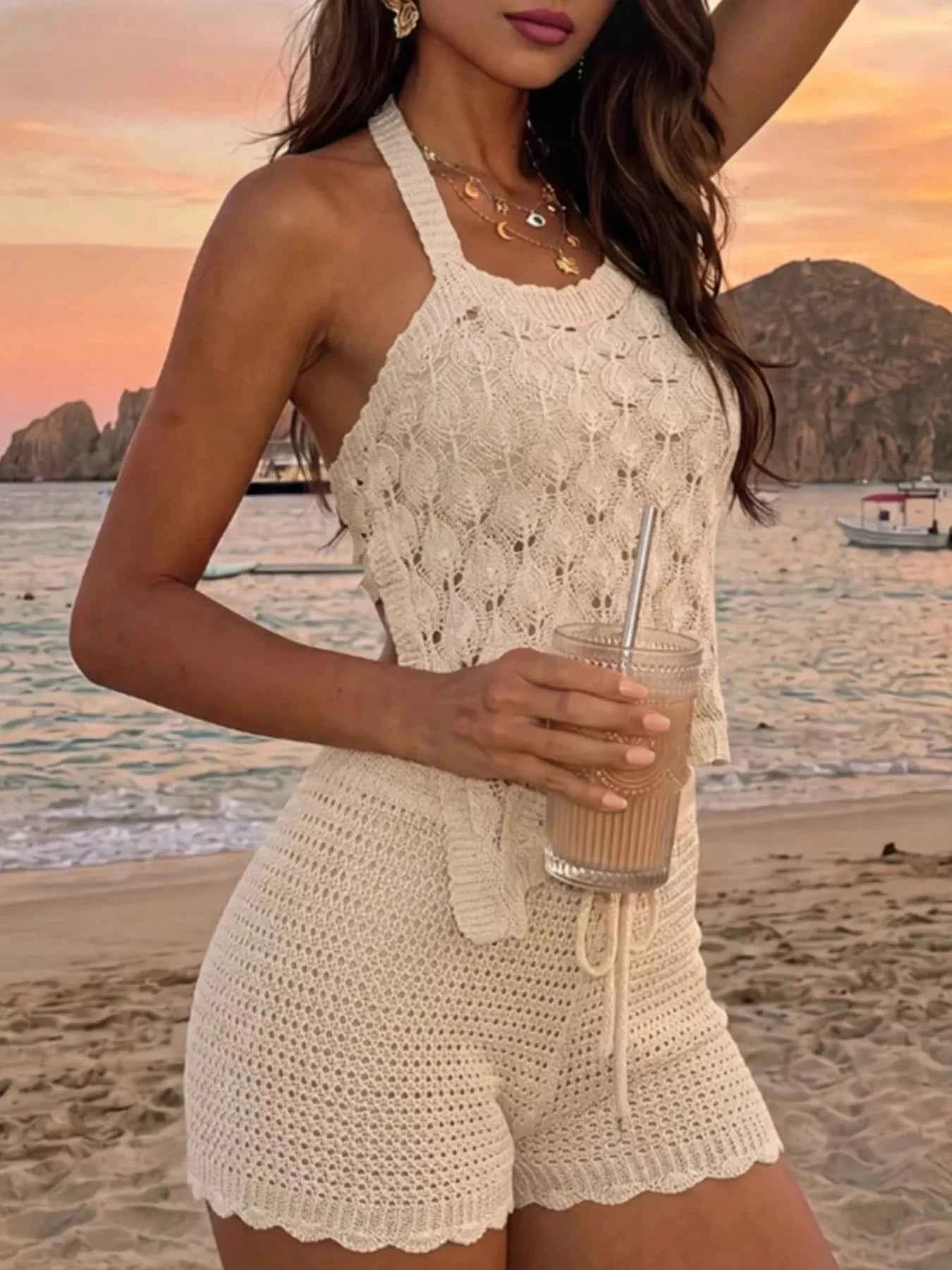 Apricot Crochet Halter Set - Tie-Back Top and Scalloped Shorts