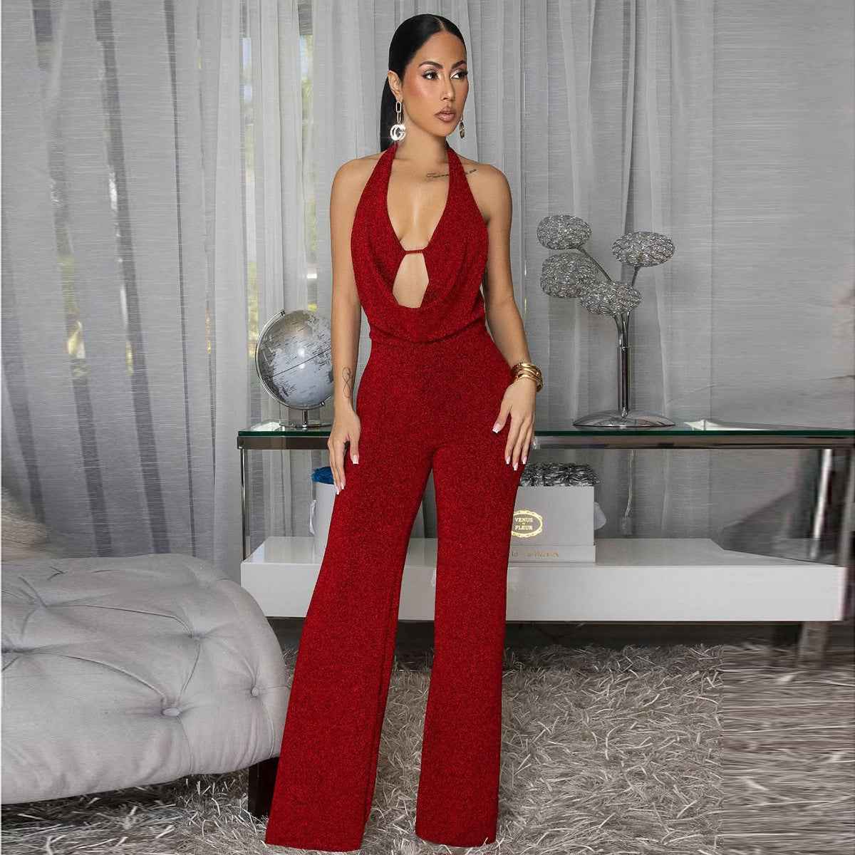 Red Halter Tie Backless Jumpsuit - Deep V Keyhole Wide Leg Flare
