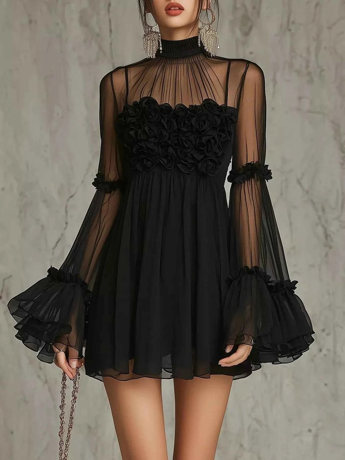 Sheer Mesh Mini Dress - Black 3D Rose Bodice Flare Sleeve Mock Neck