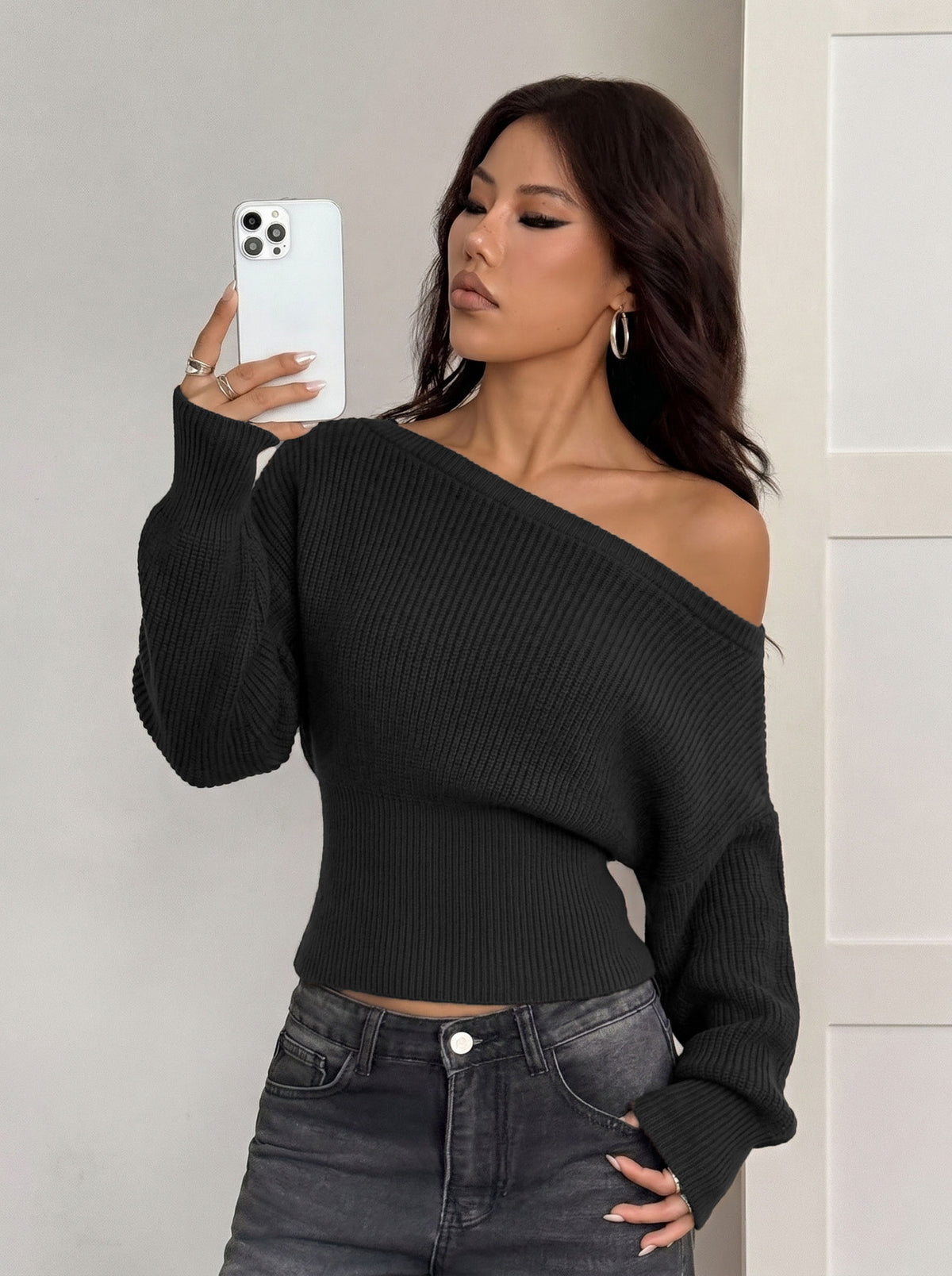 Style One-Shoulder Off-Shoulder Knit Sweater Long Sleeve Fitted Sexy Top for W