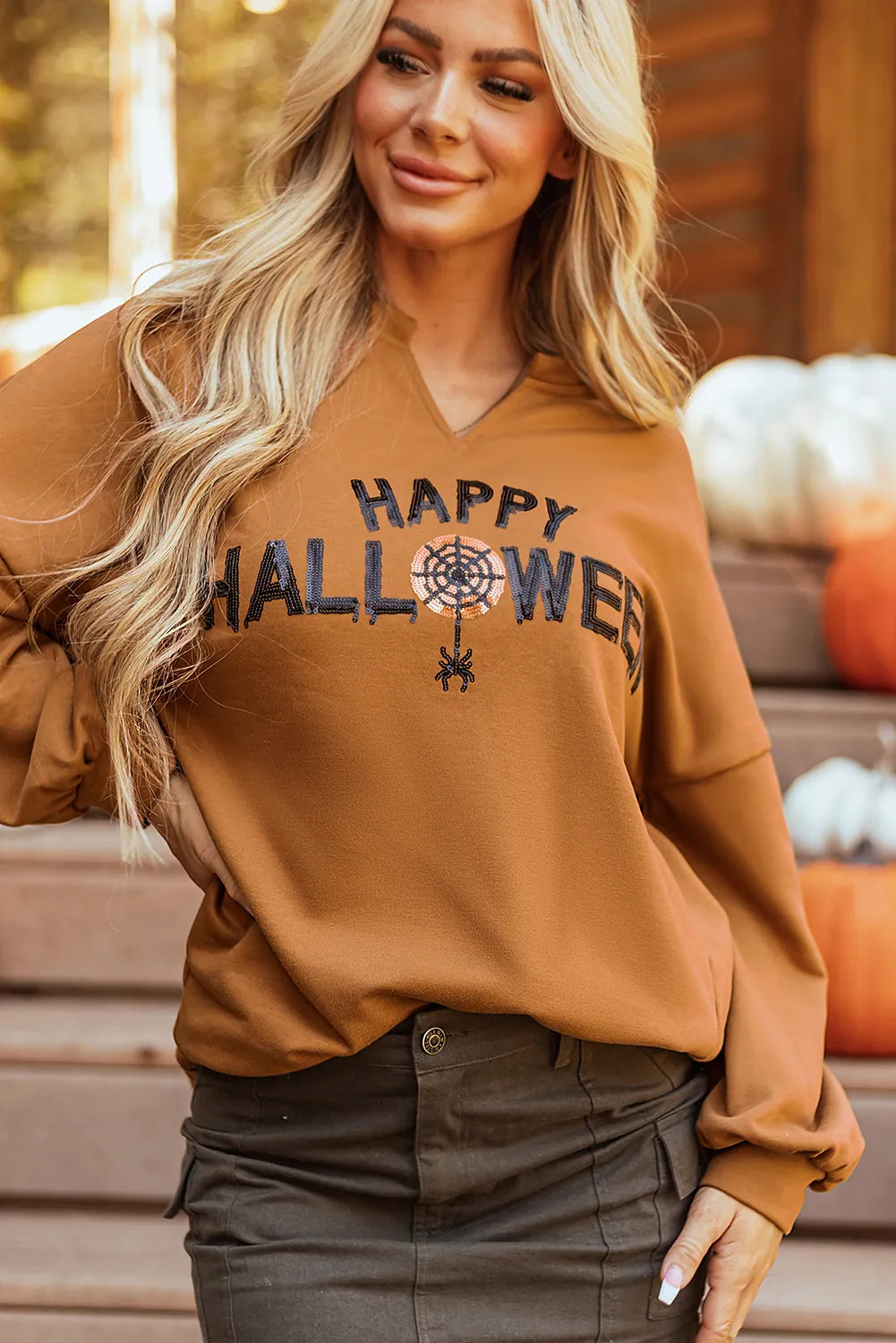 Sequin Letter Graphic Notched Long Sleeve Sweatshirt - Fashions Envy