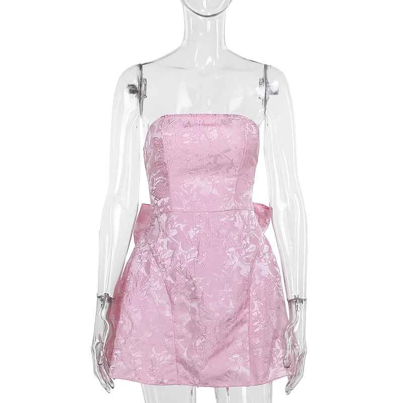 Jacquard Strapless Bow Mini Dress - A-Line Prom Gown