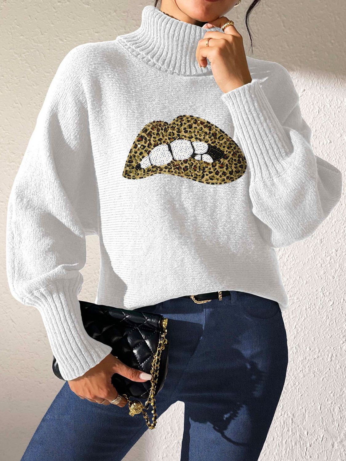 Lip Turtleneck Long Sleeve Sweater - Fashions Envy
