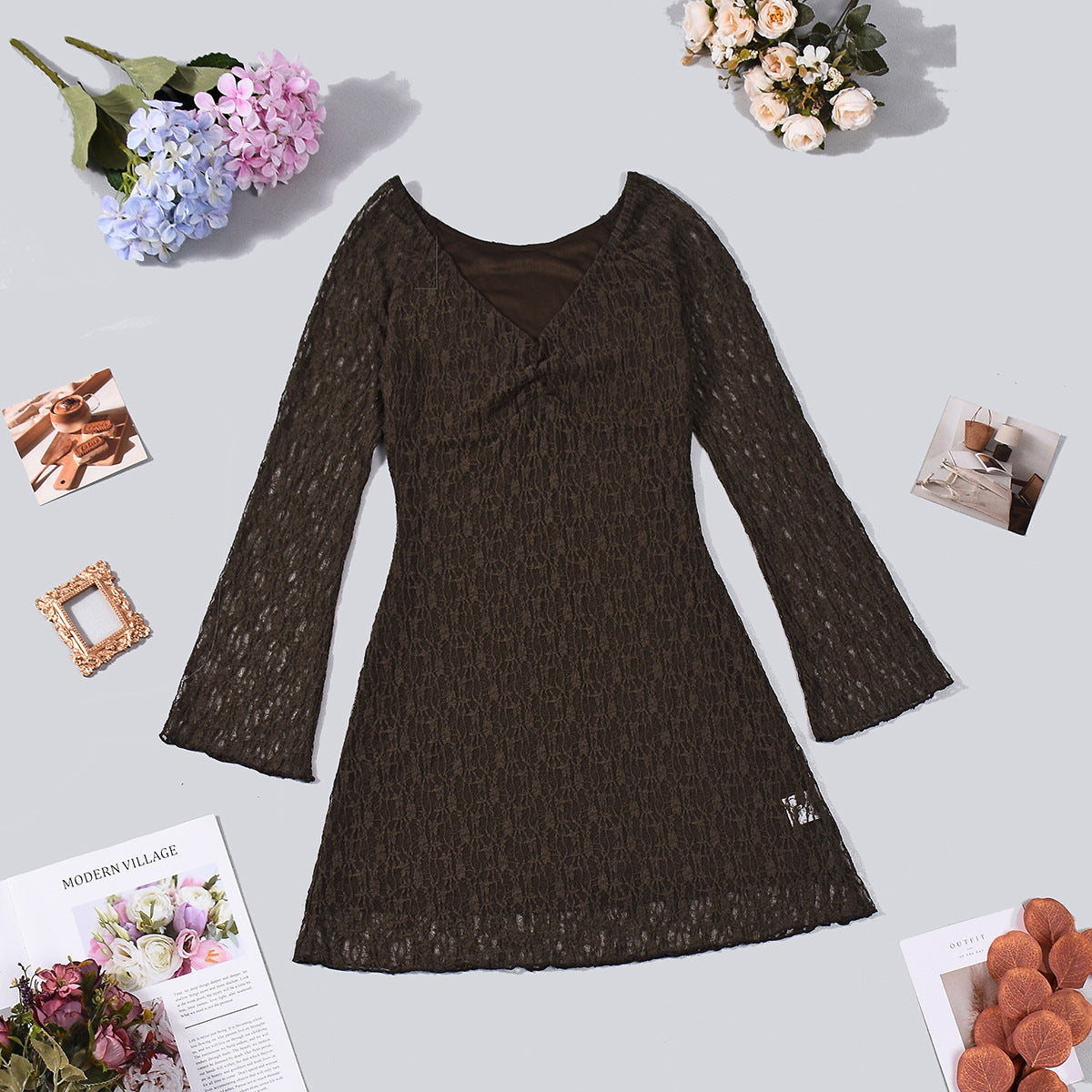 Lace Mini Dress - V-Neck Long Sleeve Brown Bodycon