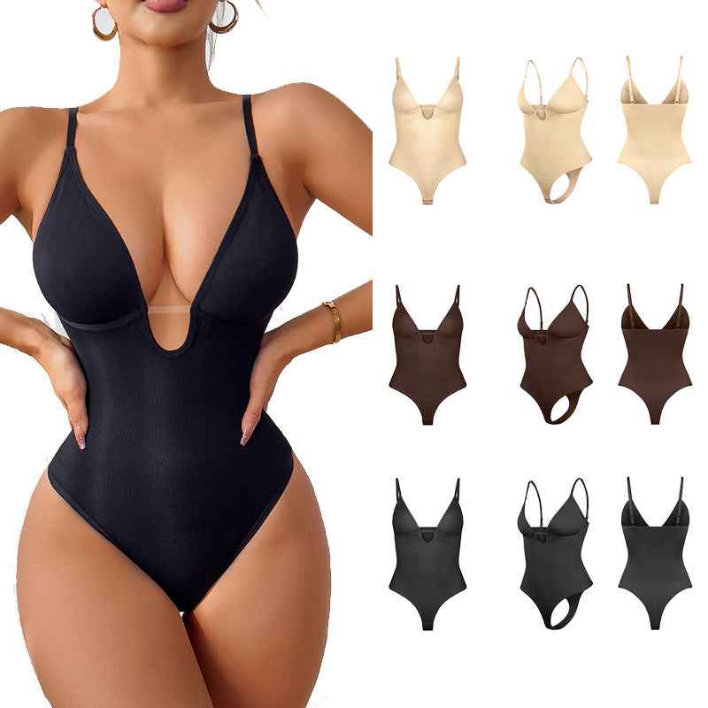 Deep V-Neck Thong Bodysuit - Tummy Control Shapewear