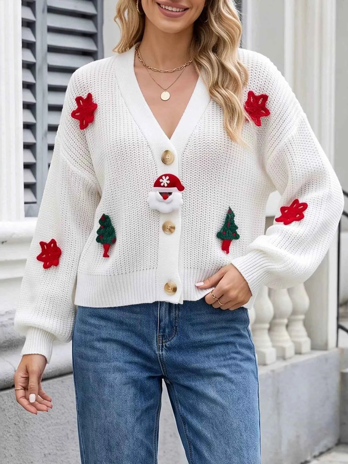 Christmas V-Neck Knit Cardigan - Santa Applique & Buttons