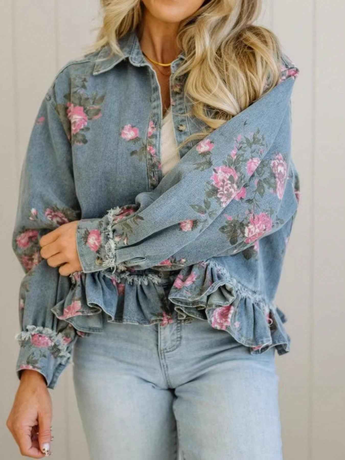 Retro Washed Floral Print Denim Jacket, Long-Sleeved, Collared, Ruffled Hem, Short Jacket