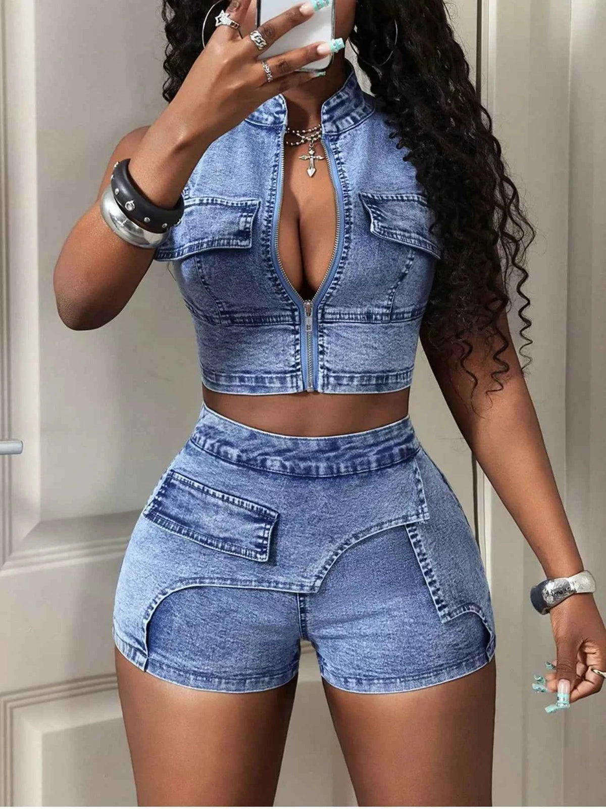 Zip-Front Denim Crop Top and Shorts Set - Asymmetric Pockets