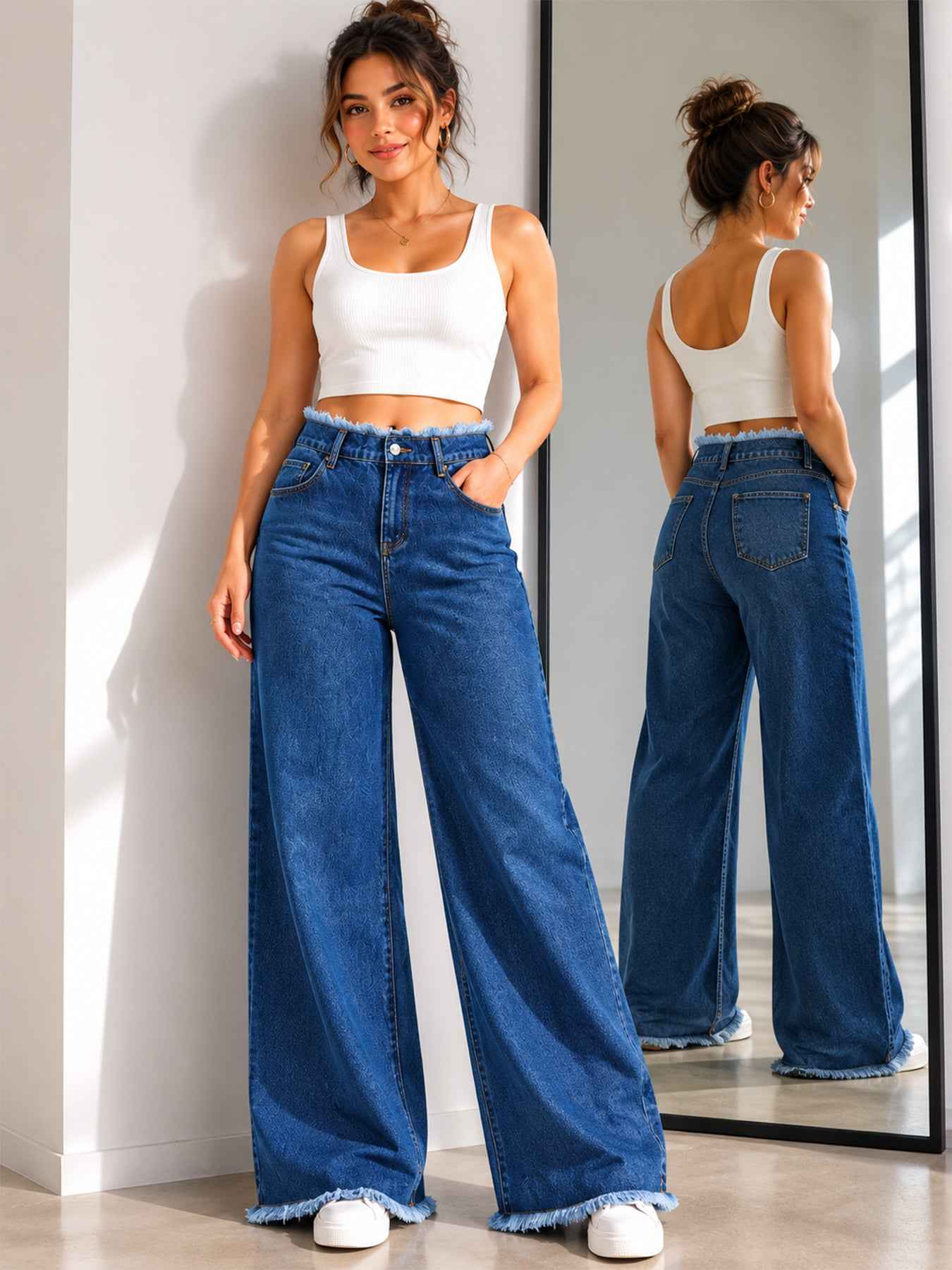 New Women's High-quality Low-rise Frayed Hem Loose Straight Leg Denim Wide-leg Pants, Fashionable And Versatile, Suitable For All Seasons.
