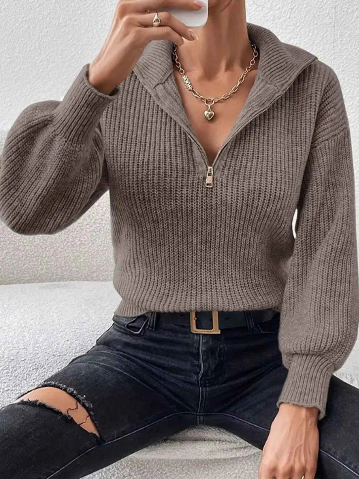 Ribbed Quarter Zip Sweater - Dropped Shoulder Relaxed Fit