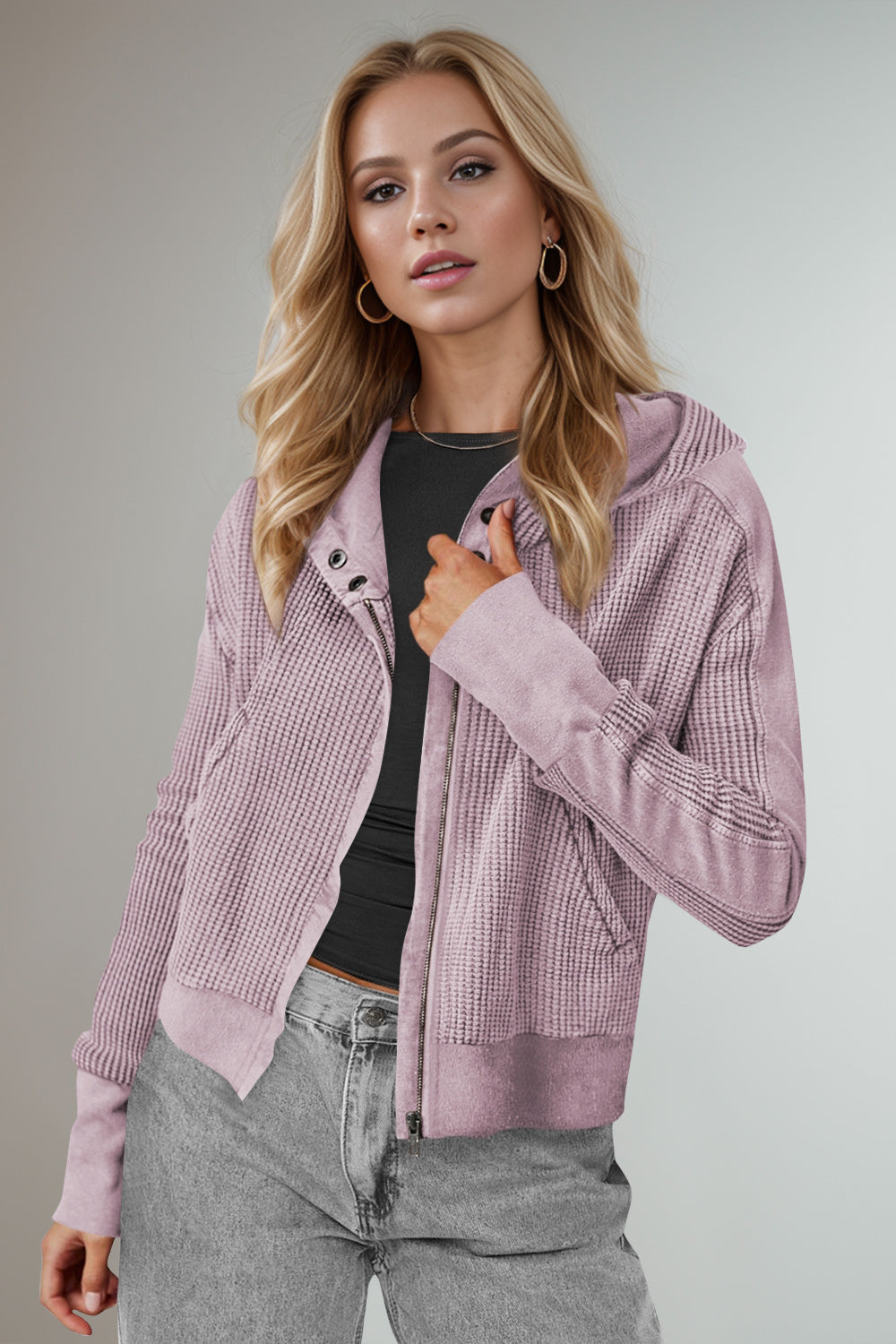 Double Take Waffle-Knit Zip Up Long Sleeve Hooded Jacket - Fashions Envy