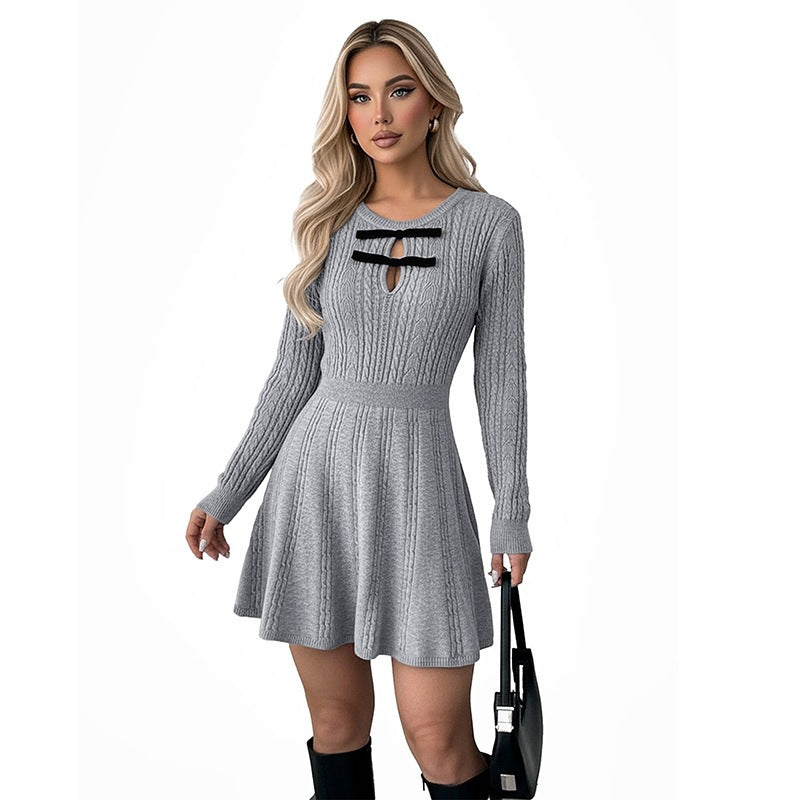 Cable-Knit Sweater Dress - Bow-Trimmed Keyhole Neckline