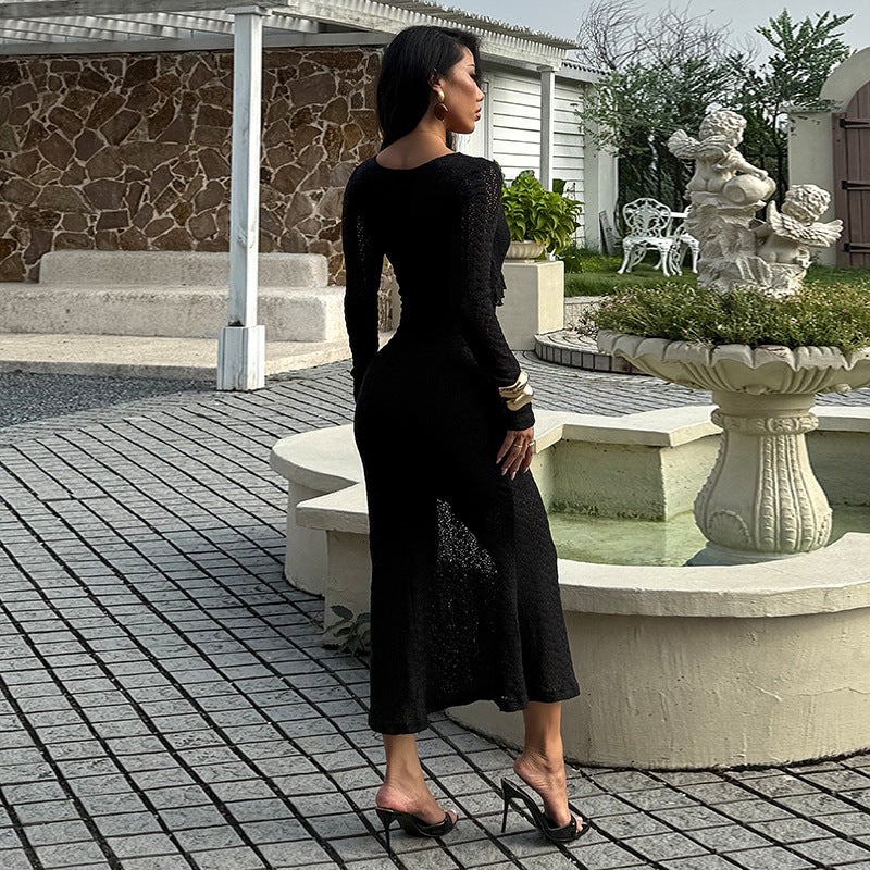 Ribbed Evening Gown - Long Sleeve V-Neck Bodycon Dress - Fashions Envy