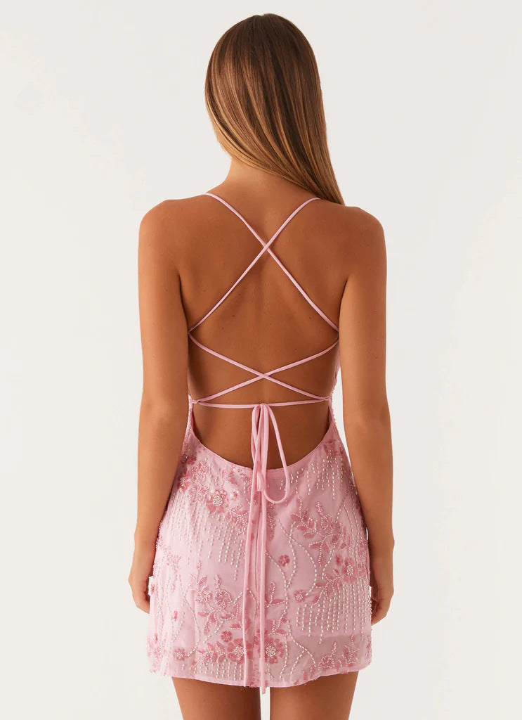 Sequined Mini Dress - Embroidered Backless Sling Party Dress