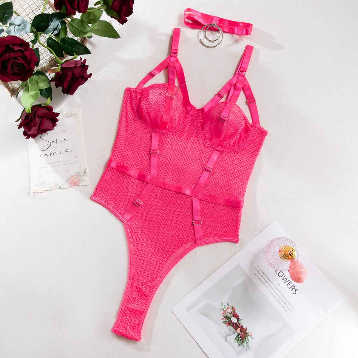 Sexy Lace Bodysuit with Choker - Slim Fit and Steel Ring Support