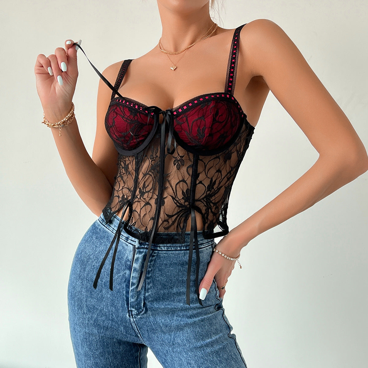 Lace Strapless Crop Top - Steel Ring Boned Belted Slim Fit